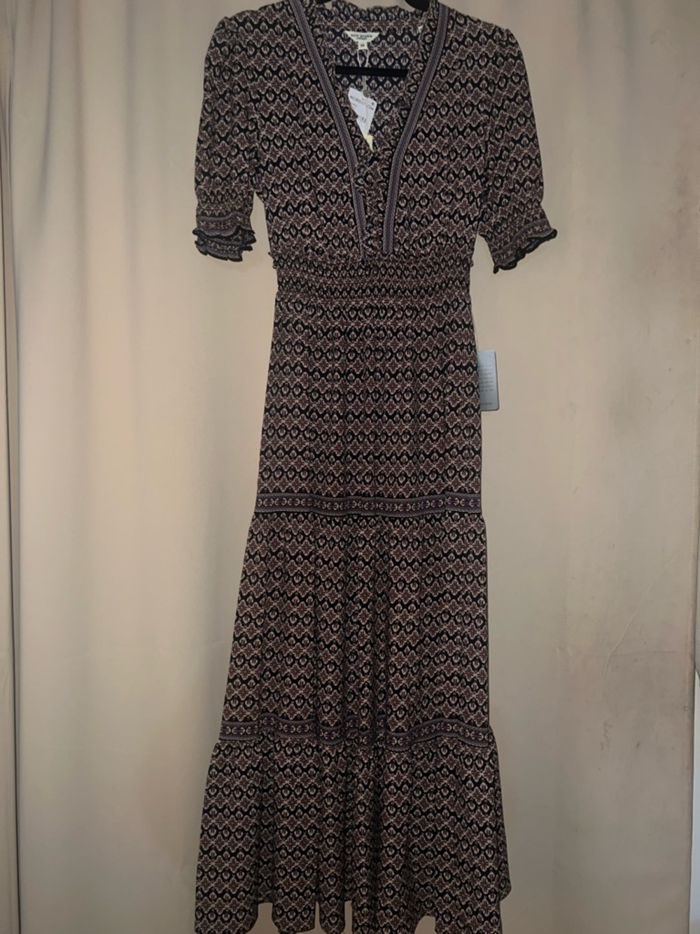 Max Studio Boho Print V-Neck Maxi Dress in Navy and Cream